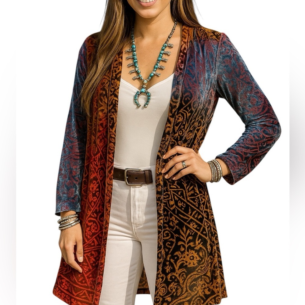 Johnny Was Multicolor Velvet Burnout Long Open Jacket - Blue, Red, Brown